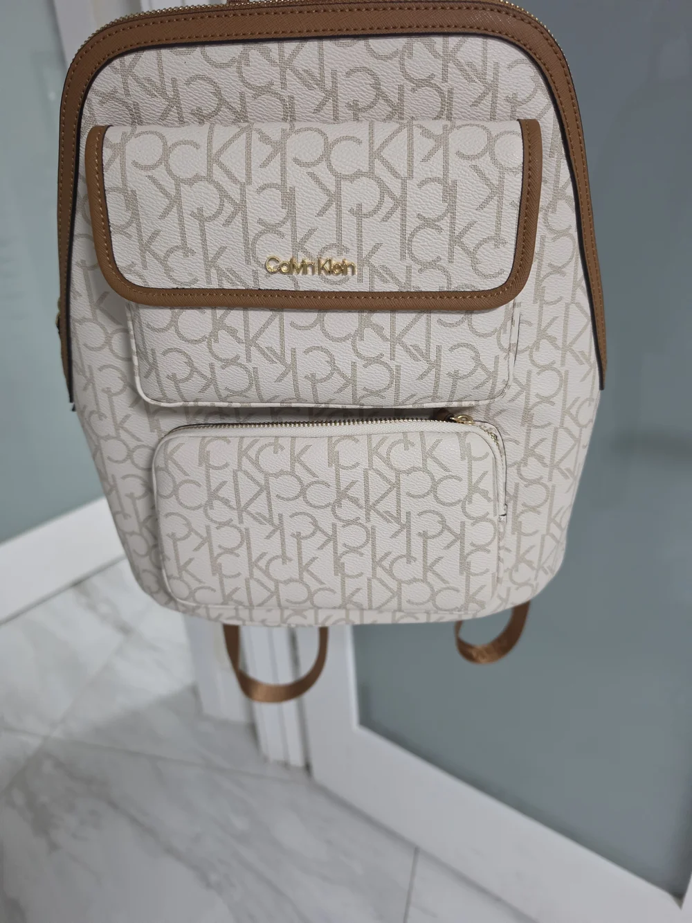 Calvin Klein Cream and Tan Logo Backpack